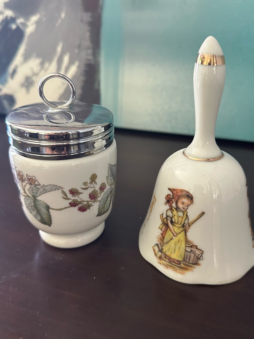 ROYAL WORCESTER PORCELAIN EGG CODDLER. and Porcelain Gold Trimmed Bell